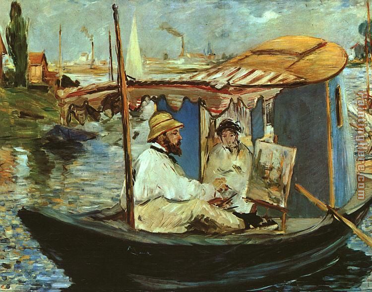 Claude Monet working on his boat in Argenteuil painting - Edouard Manet Claude Monet working on his boat in Argenteuil art painting
